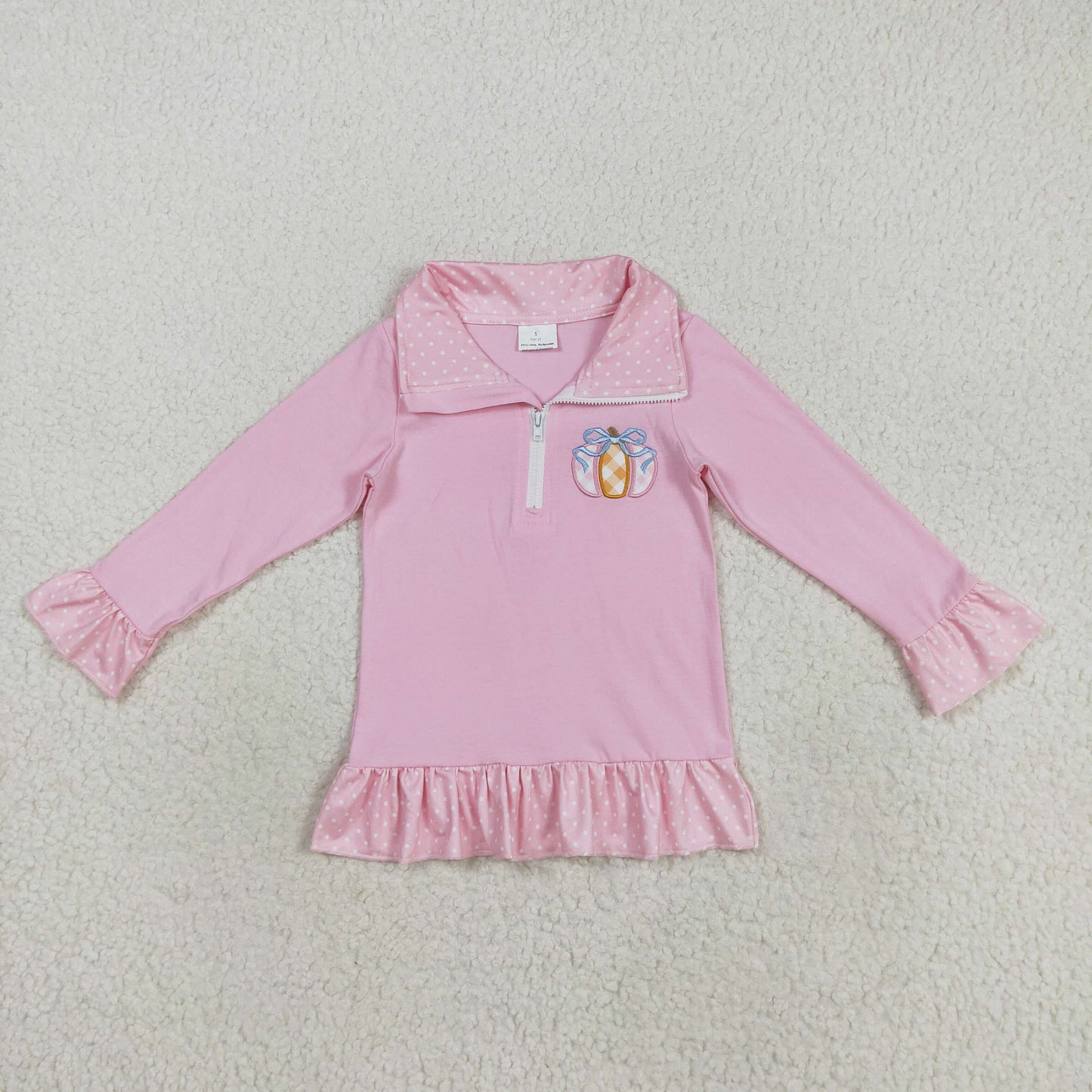 GT1112 Baby Girls Pink Long Ruffle Sleeve Embroidery Bow Pumpkins Fall Pullovers Top