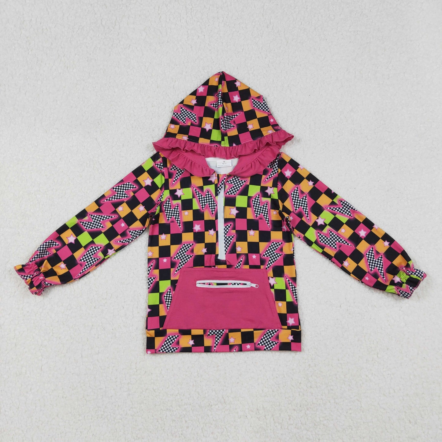 GT1117 Baby Girls Black Orange Checked Lights Stars Zipper Pocket Western Ruffle Hoodies Top