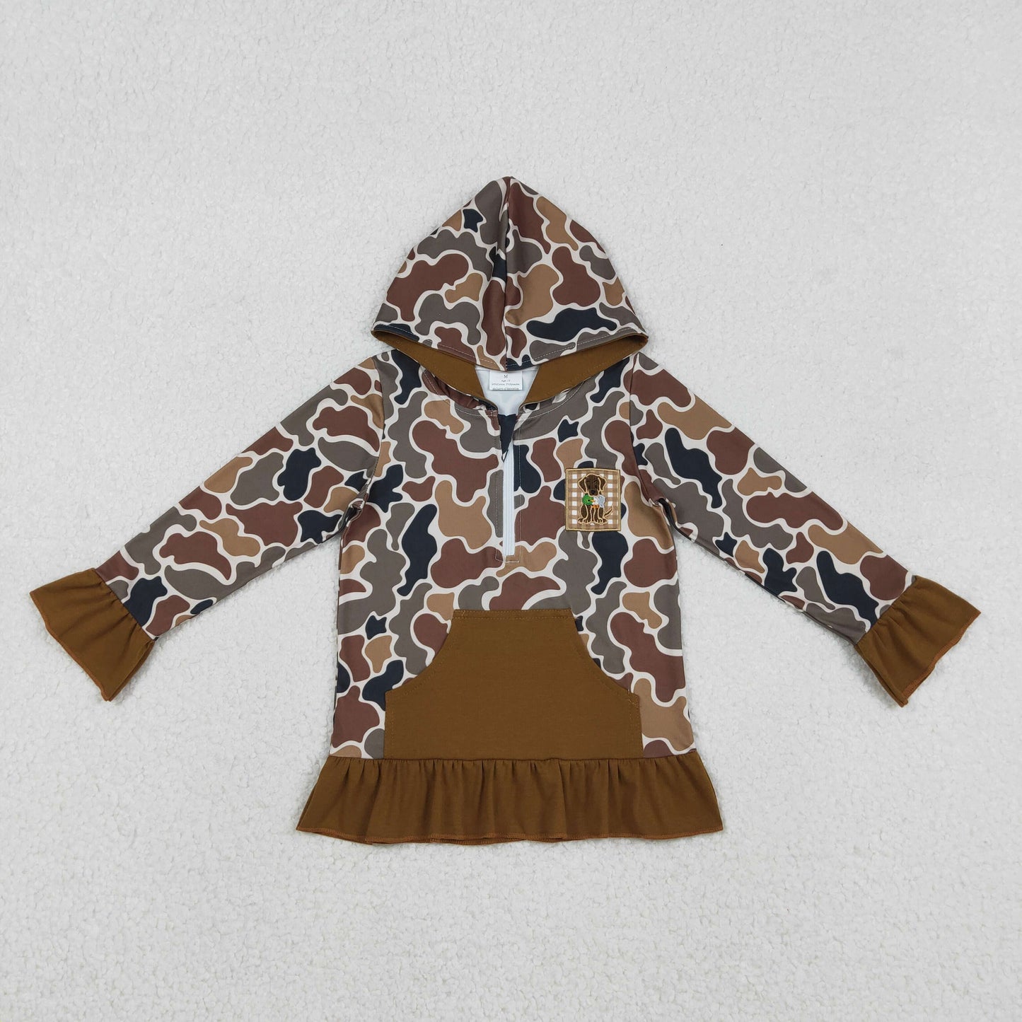 GT1132 Baby Girls Dark Brown Camo Embroidery Dog Ducks Zipper Pockets Hunting Hoodies Top