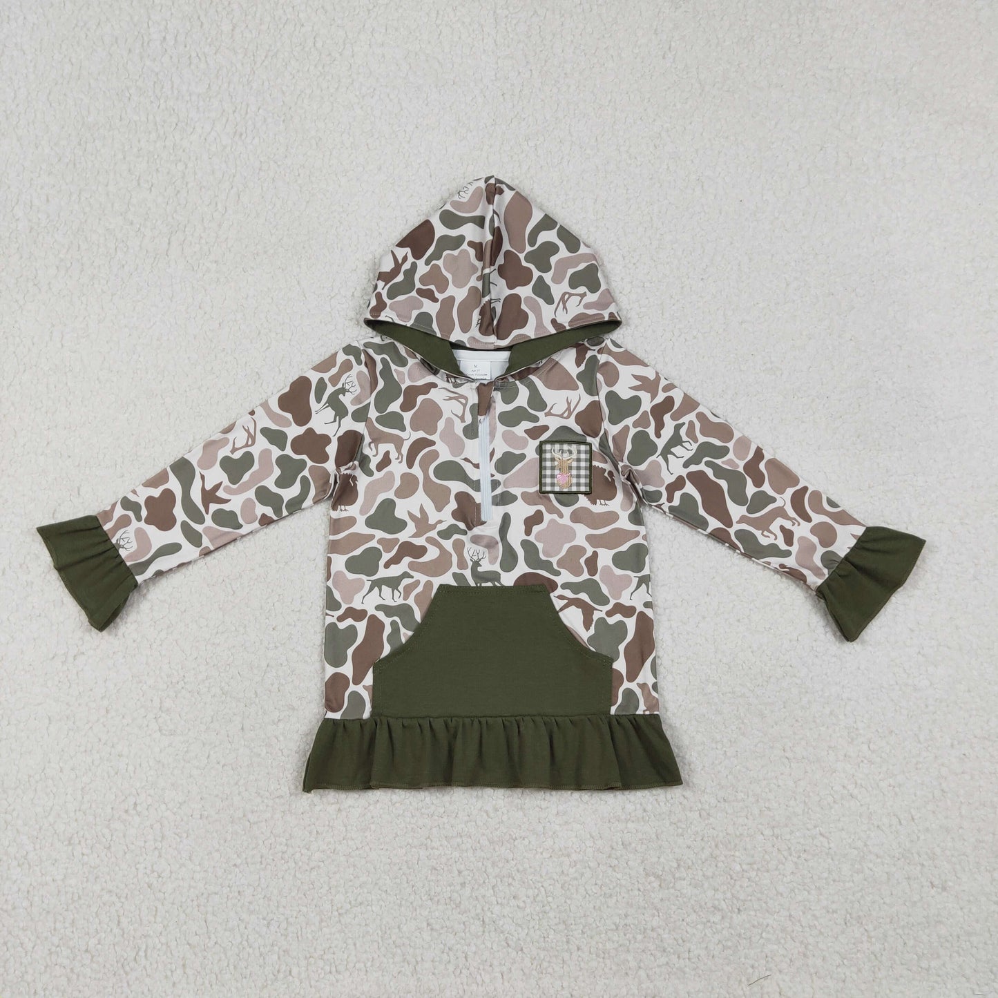 GT1136 Baby Girls Turkey Dog Camo Embroidery Deer Pocket Hunting Zipper Hoodies Top