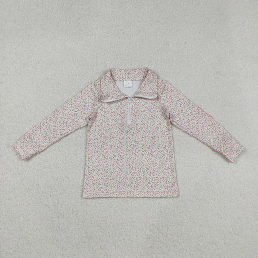 GT1145 Baby Girls Pink Floral Zipper Long Sleeve Pullovers Top