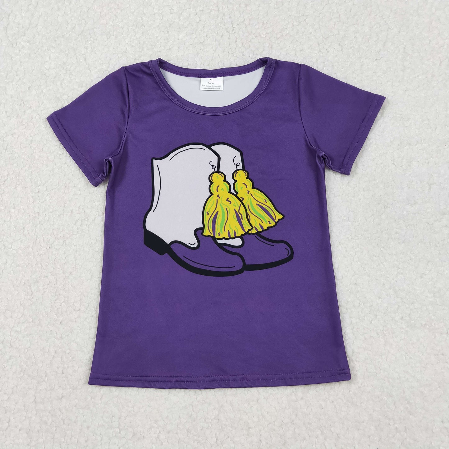 GT1254 Baby Girls Purple Short Sleeve Boots Tassel Mardigras T-shirts Top