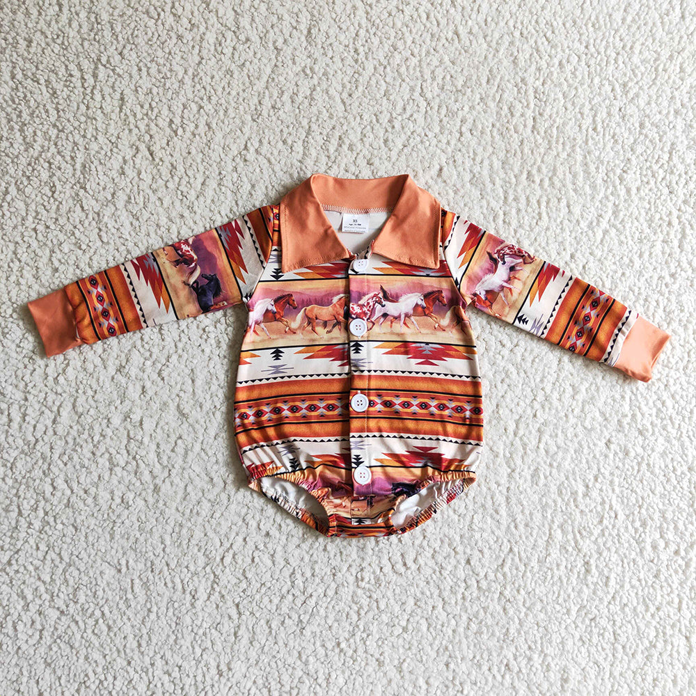 Sibling Baby Boys Western Horse Long Sleeve Buttons Rompers
