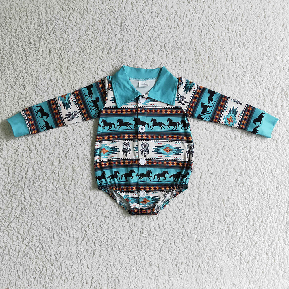 Sibling Baby Boys Western Horse Long Sleeve Buttons Rompers