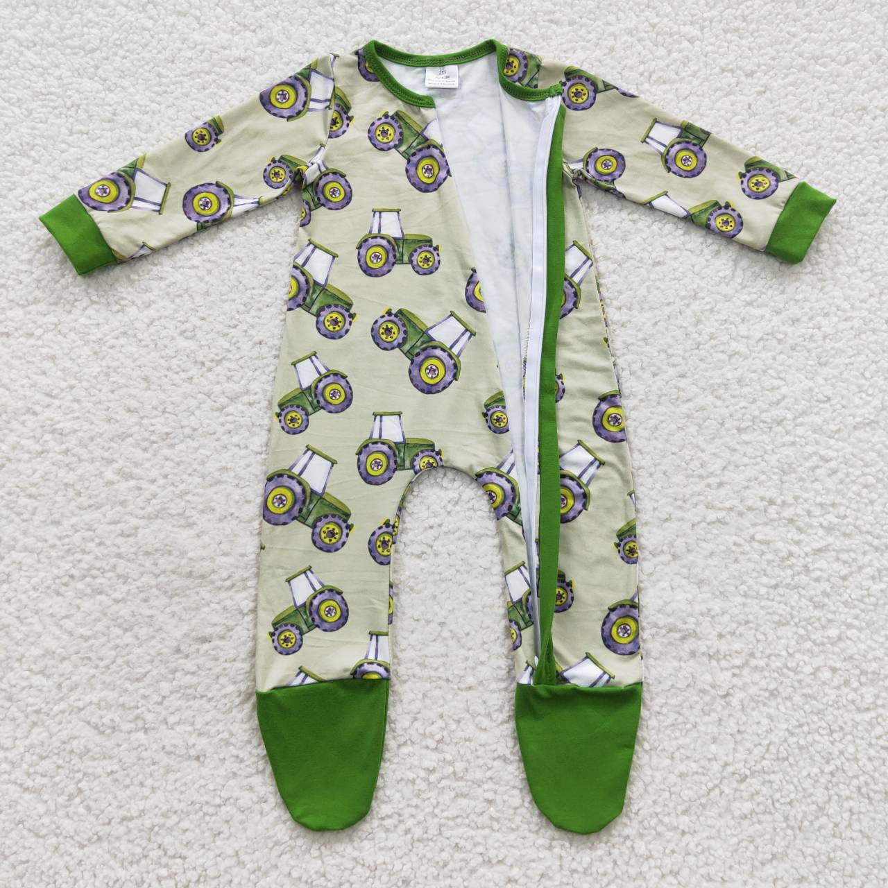 LR0386 Tractors Print Baby Green Farm Zipper Footed Rompers