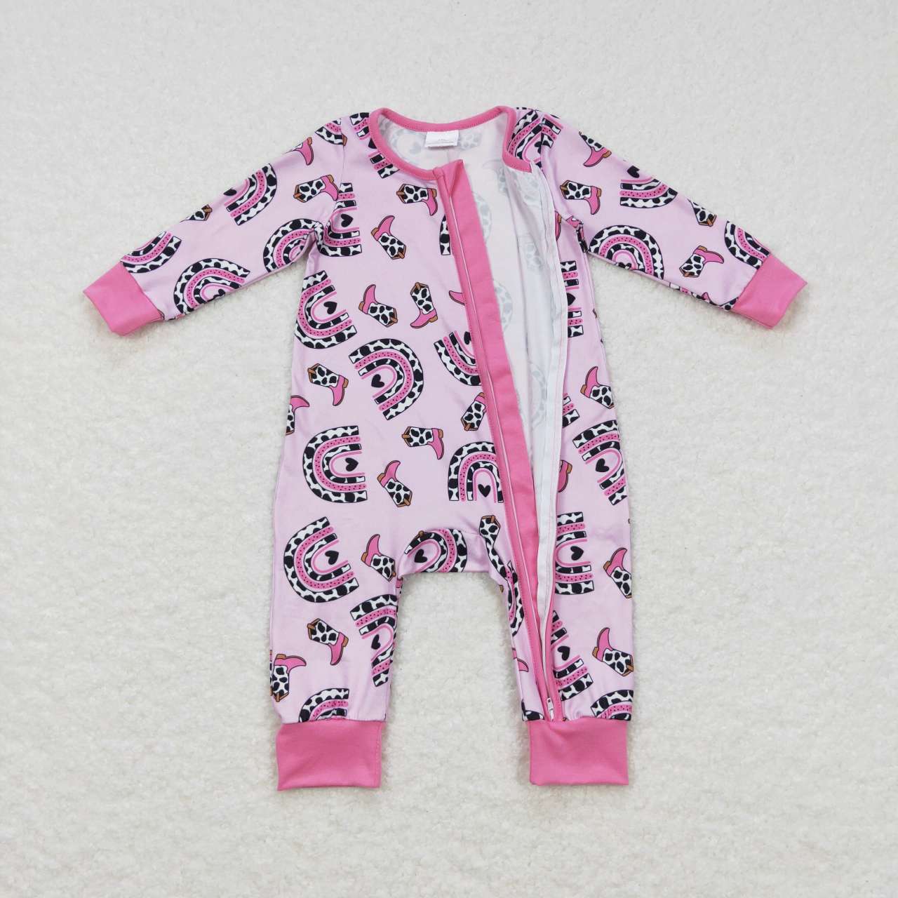 LR0490 baby girl rainbow zipper romper