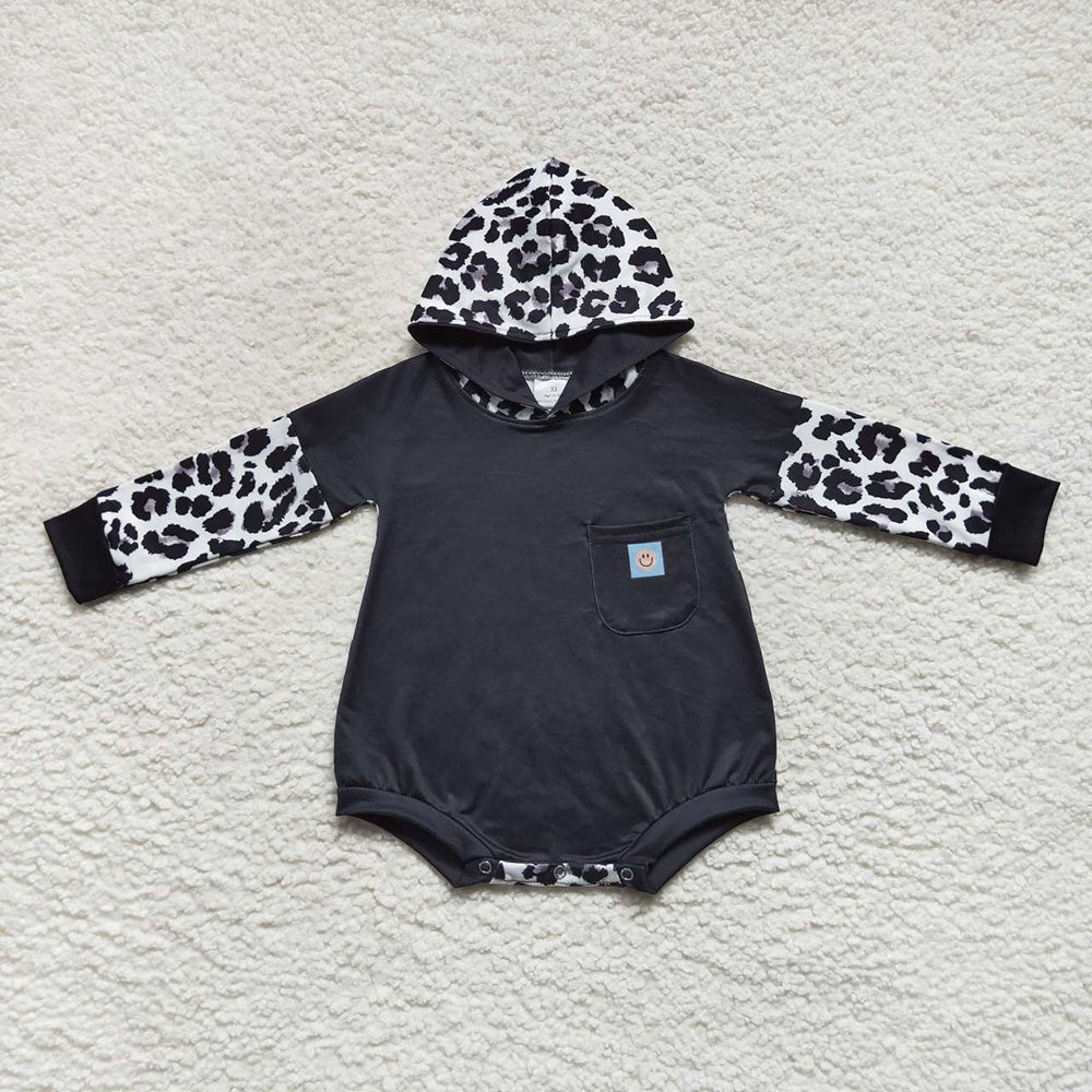 LR0594 baby clothes black body Leopard hoodies rompers