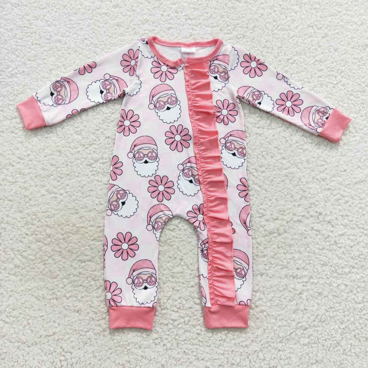 Sibling Baby Girls Pink Santa Flowers Top Pants Christmas Pajamas Sets Ruffle Zipper Rompers