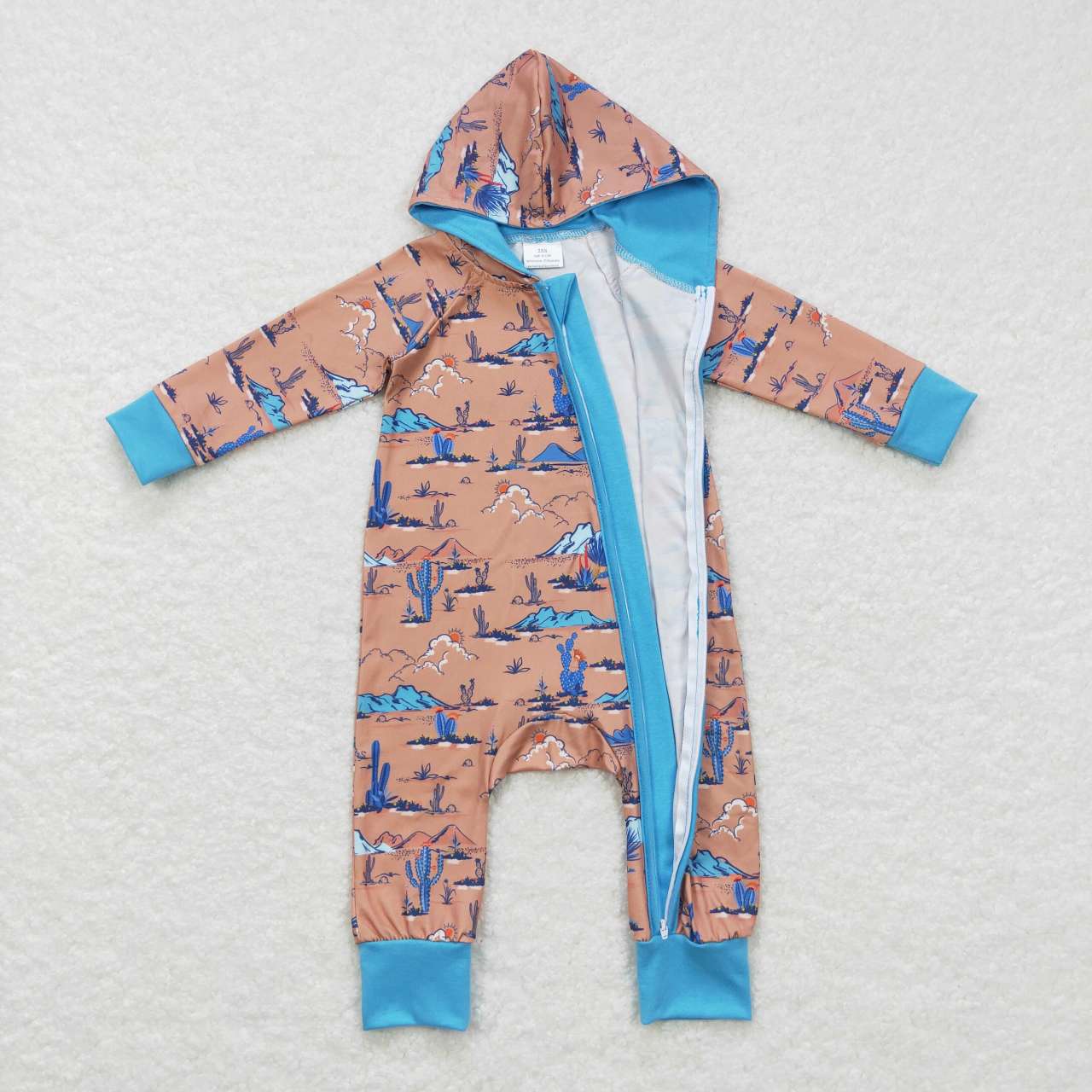LR0702 baby desert cactus print hooded zipper romper