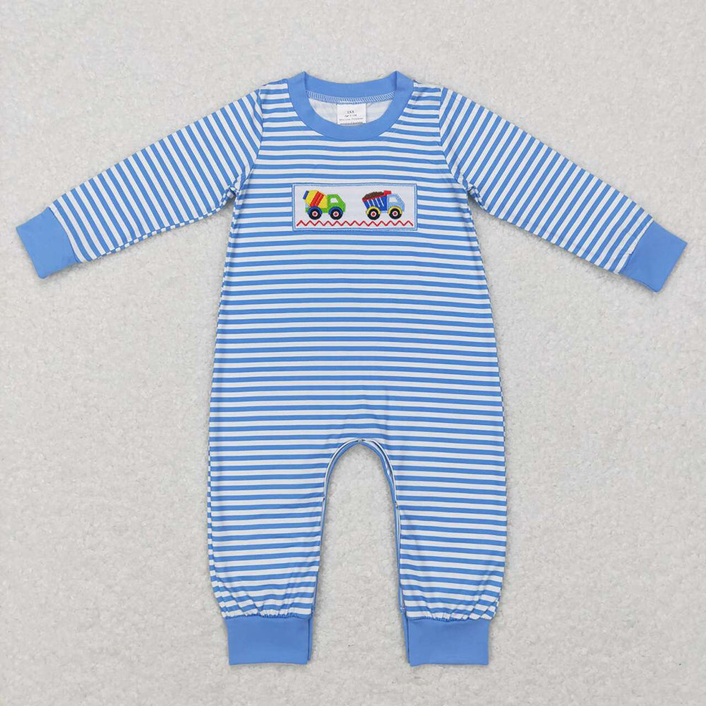 LR0750 Embroidery baby boy blue stripes trucks vehicle rompers