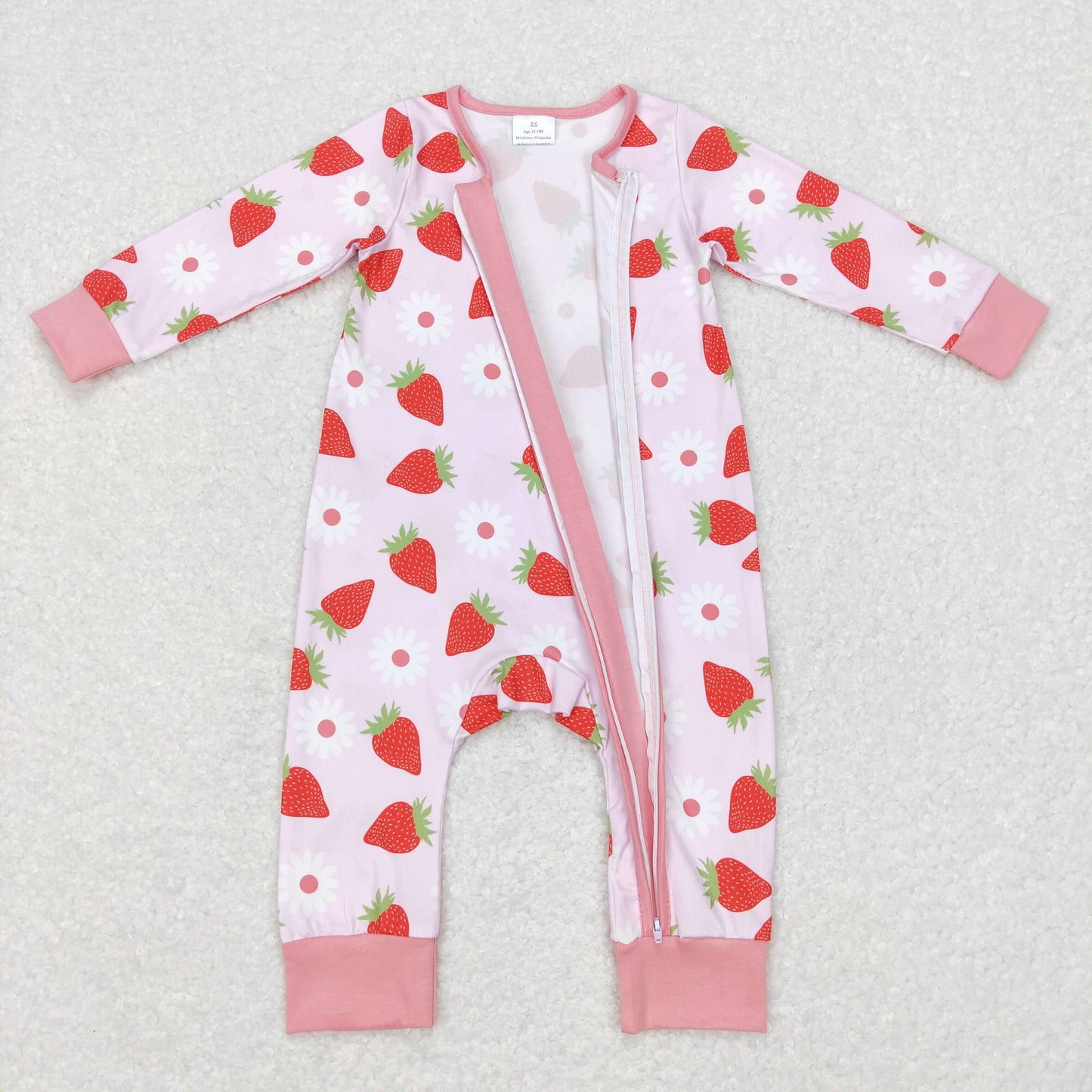 Sibling Baby Girls Pink Flowers Strawberry Pajamas Sets Zipper Footie Rompers