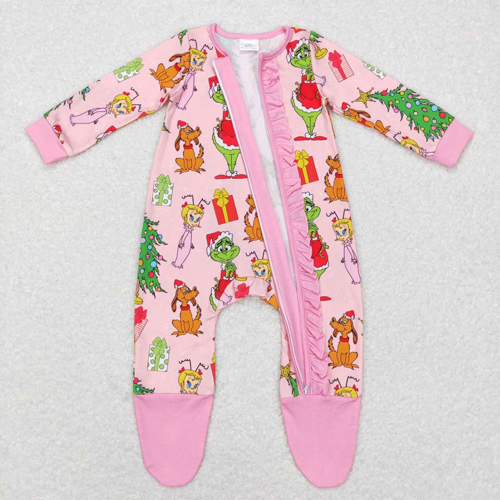 Sibling Baby Girls Green Face Miss Christmas Pajamas Set Zipper Footed Romper