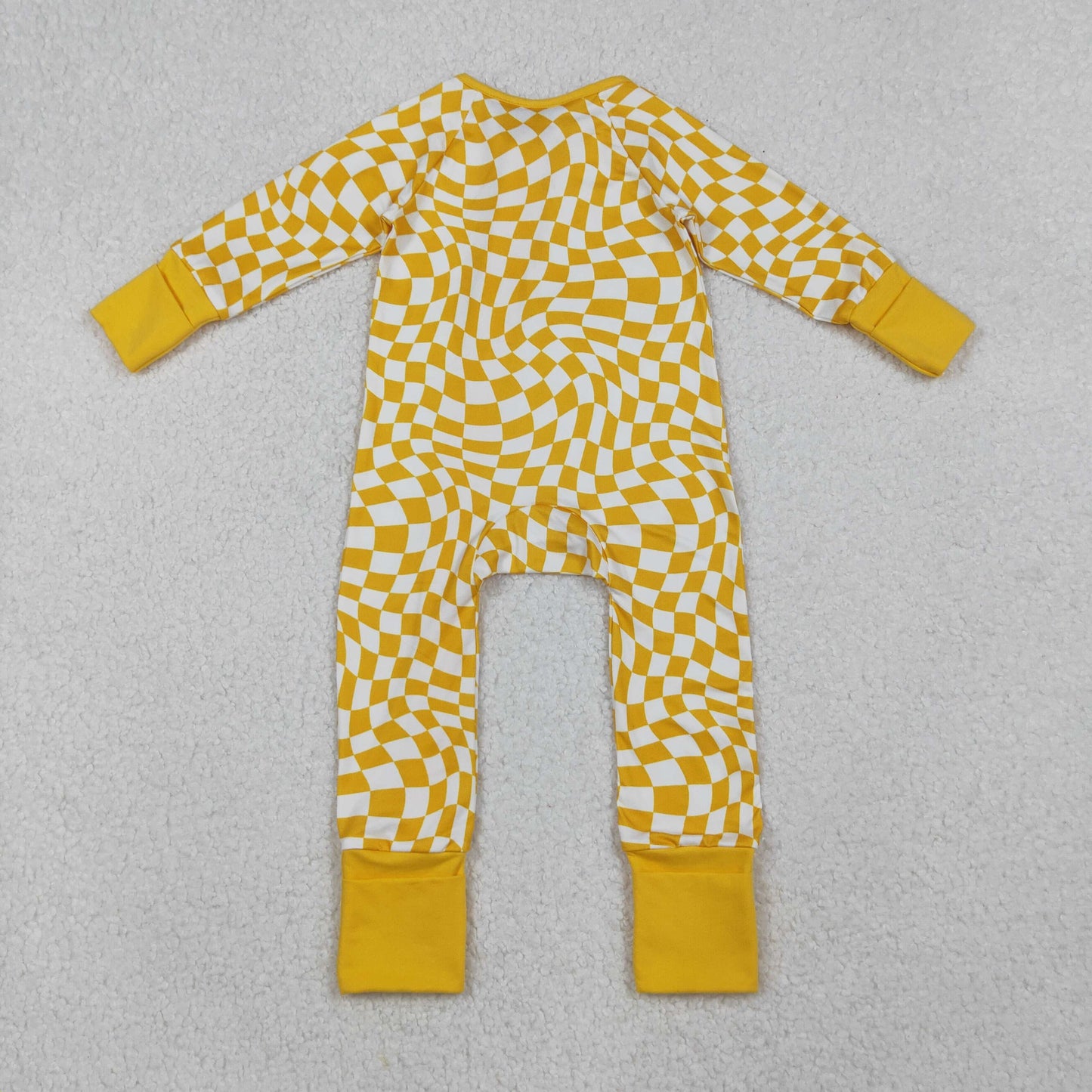 LR1089 Baby Boys Yellow Checked Fall Zipper Footed Rompers