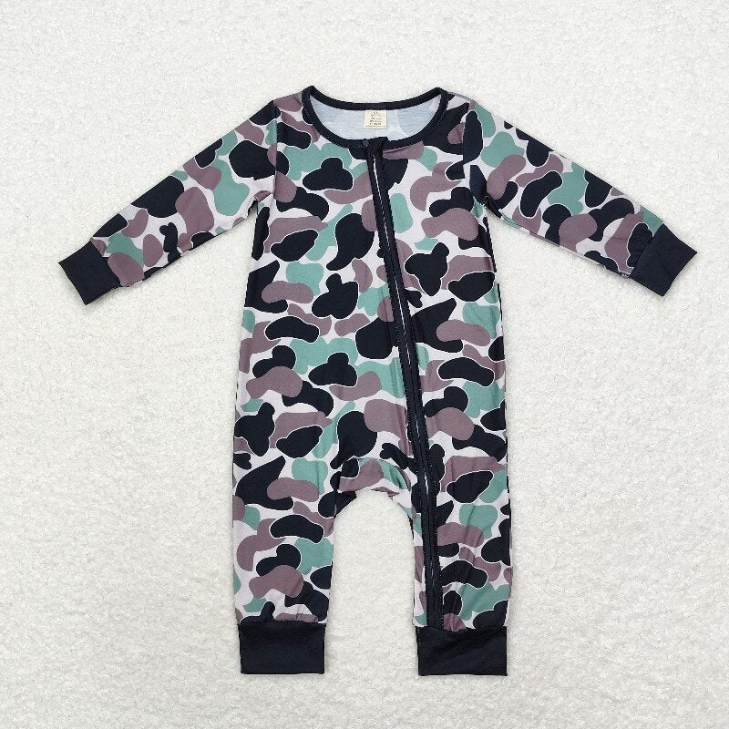 LR1460 baby boys clothes green black camouflage ducks zip rompers