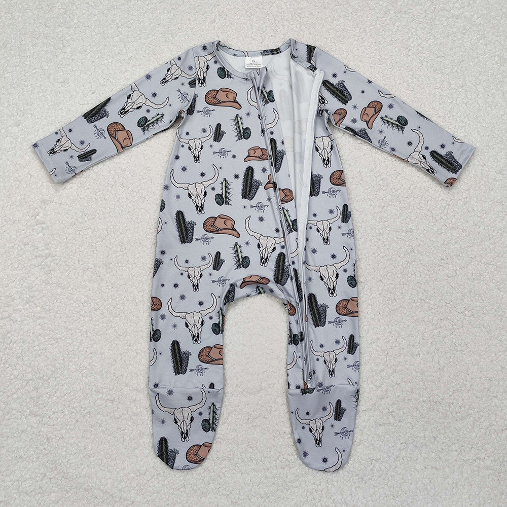 LR2098 baby boys western cows zip long sleeve rompers