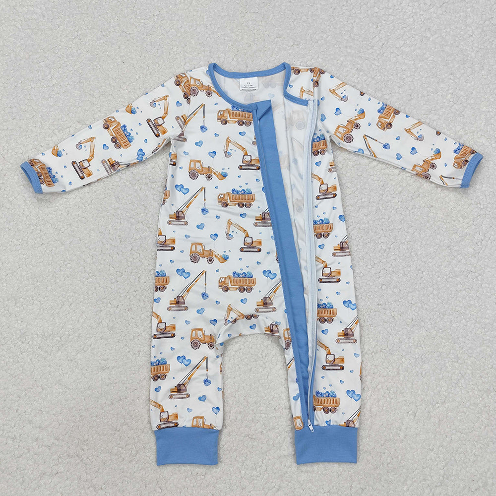 LR2116 baby boys digger hearts zip long sleeve rompers
