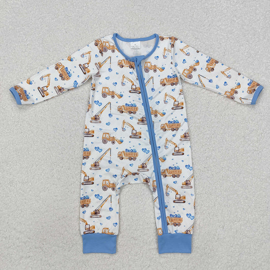 LR2116 baby boys digger hearts zip long sleeve rompers