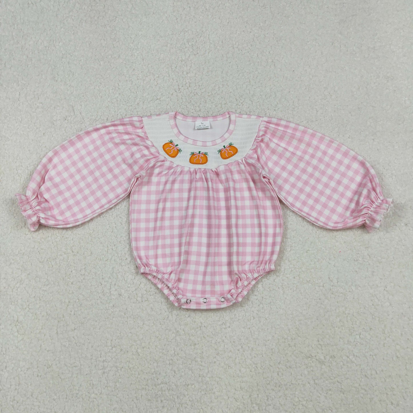 LR2181 Smocked Baby Girls Pink Checked Pumpkins Fall Ruffle Rompers