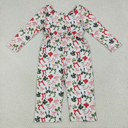 LR2192 Girls Christmas Green Red Bows Jumpsuits Rompers