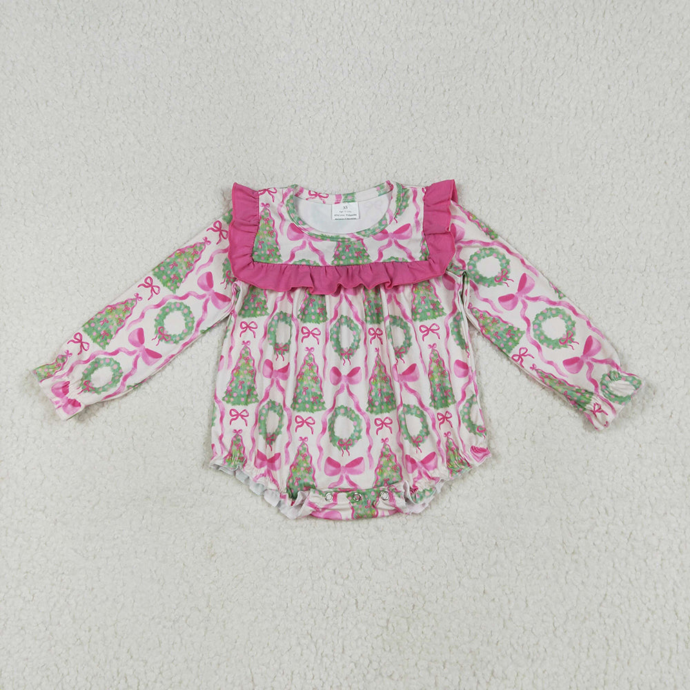 LR2202 baby girls Christmas pink bows long sleeve rompers