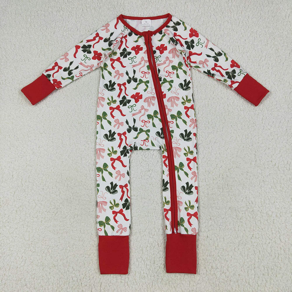 LR2203 baby girls Christmas green red bows footie zip rompers