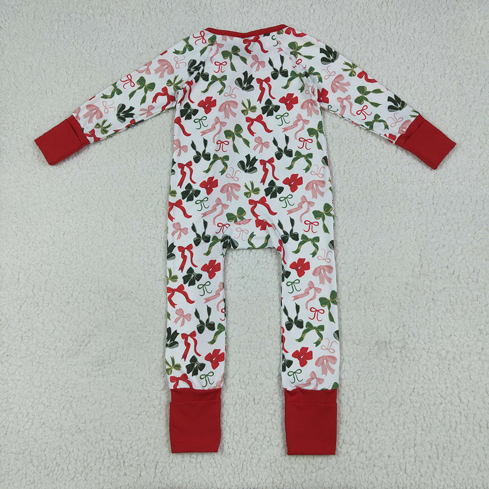 LR2203 baby girls Christmas green red bows footie zip rompers