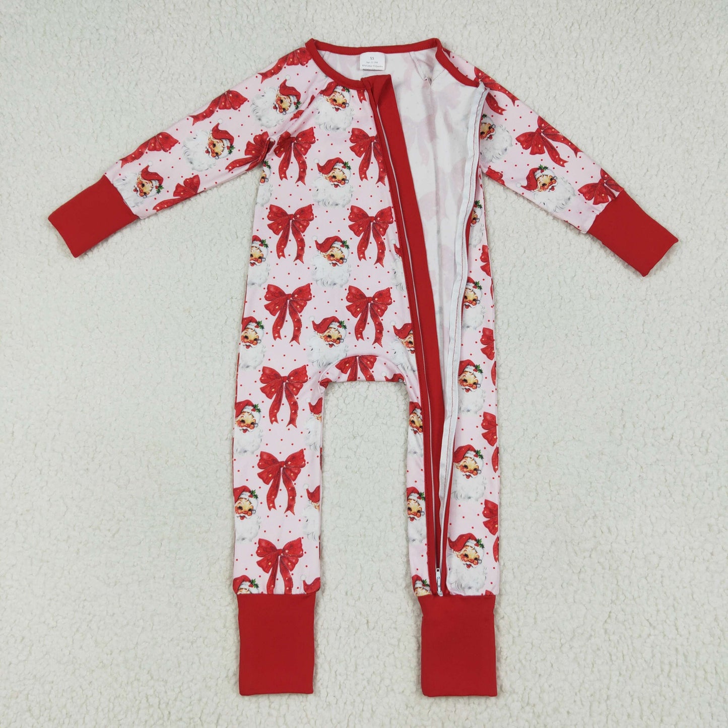 Sibling Baby Girls Red Bows Santa Christmas Zipper Footie Rompers Button Fur Pajamas Sets