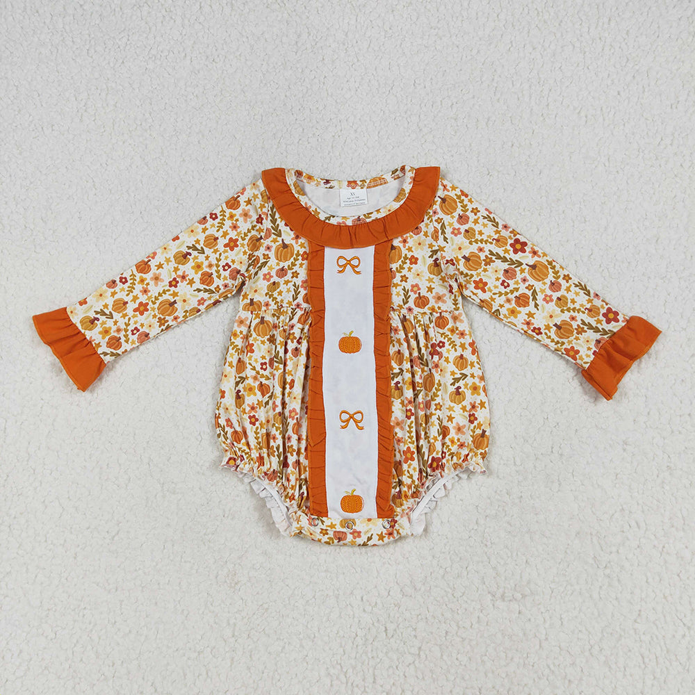 LR2228 baby girls floral pumpkins embroidery long sleeve rompers