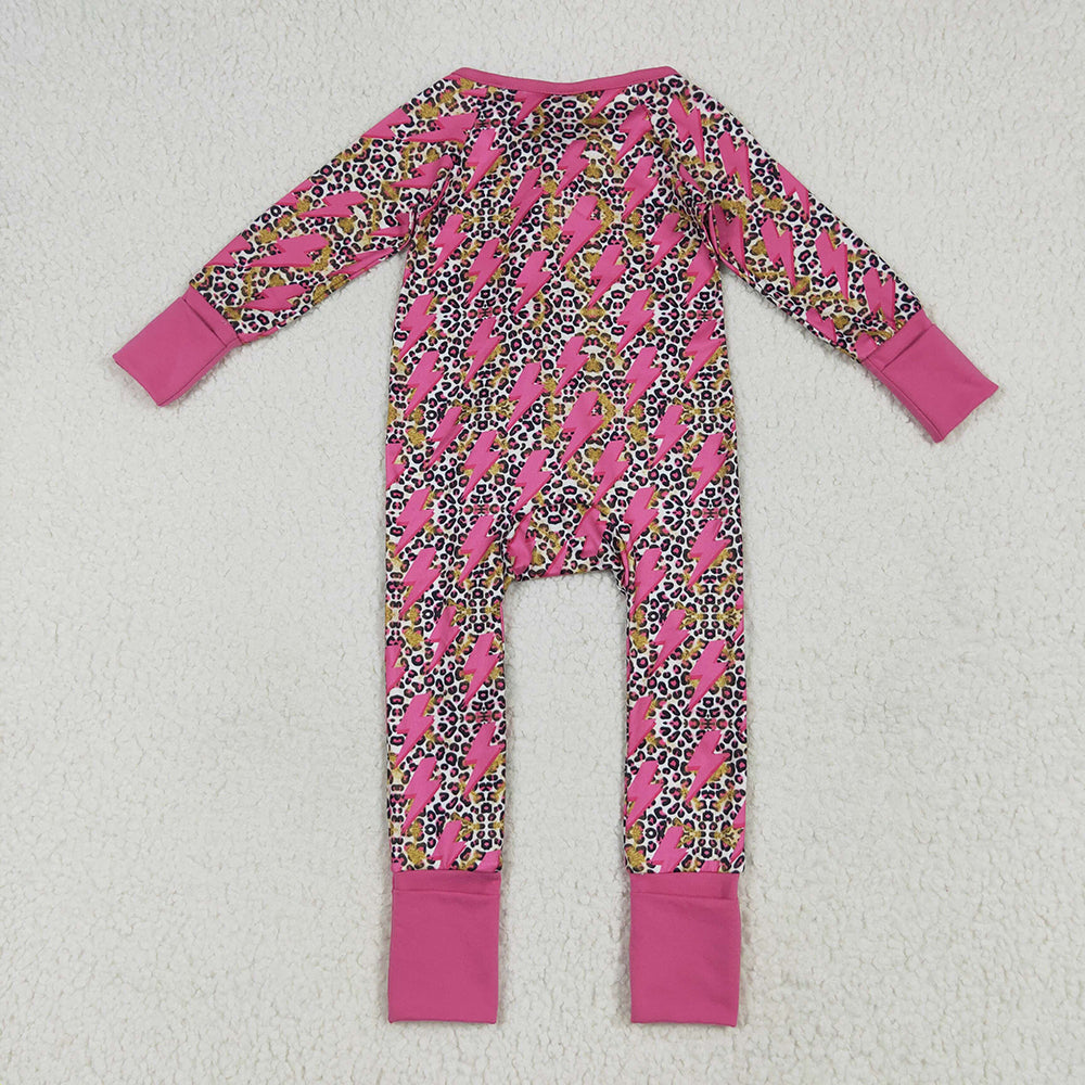 LR2250 baby girls western leopard lightening footie zip rompers