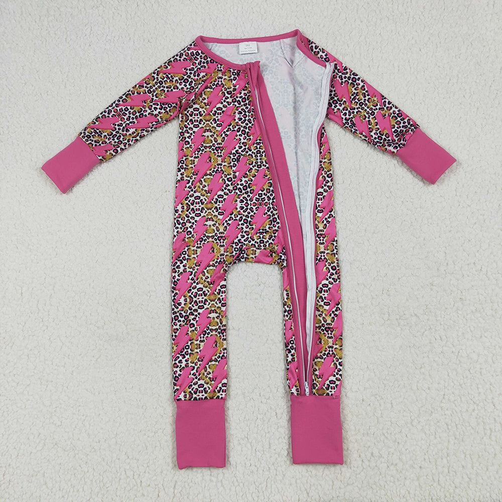 LR2250 baby girls western leopard lightening footie zip rompers