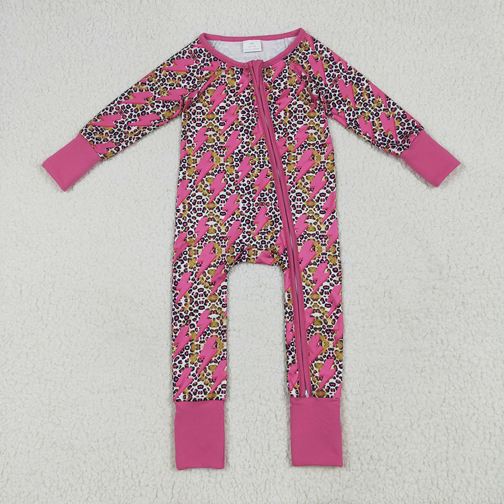 LR2250 baby girls western leopard lightening footie zip rompers