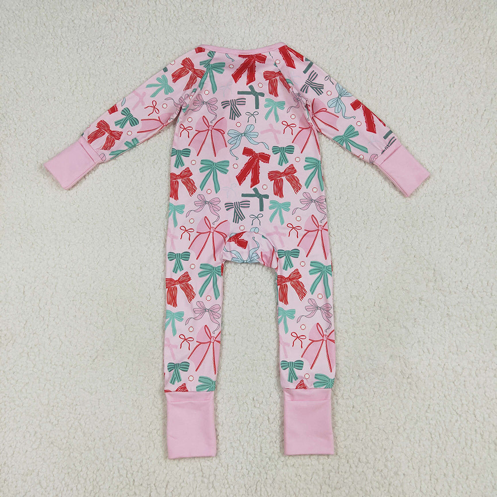 LR2266 baby girls pink bows ruffle footie zip rompers