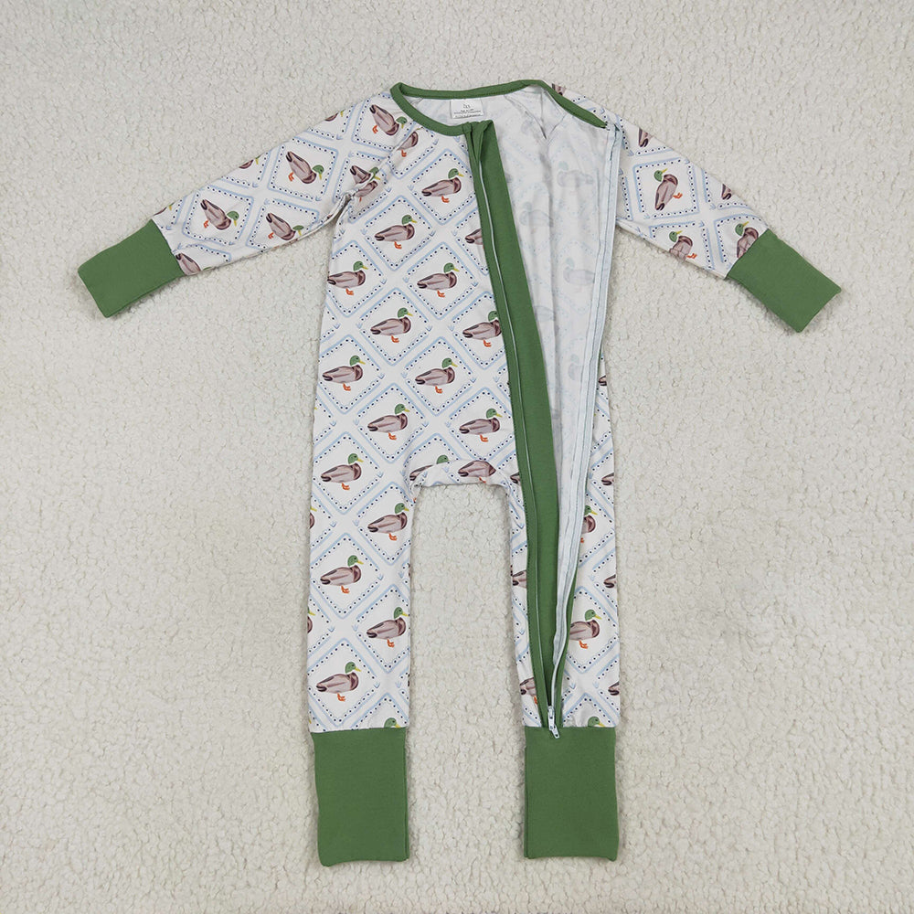 LR2269 baby boys green mallard ducks footie zip rompers