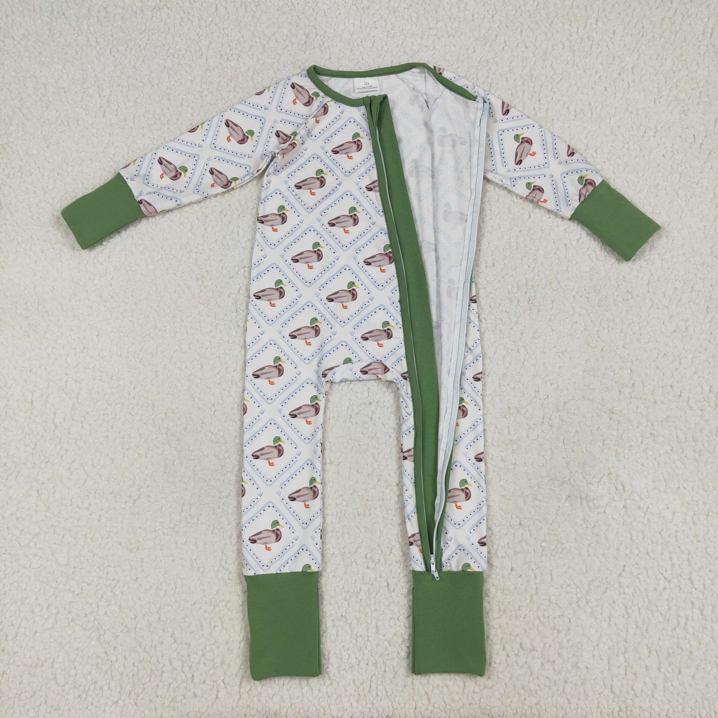 Sibling Boys Green Ducks Checked Pajamas Clothes Sets Zipper Rompers Blankets