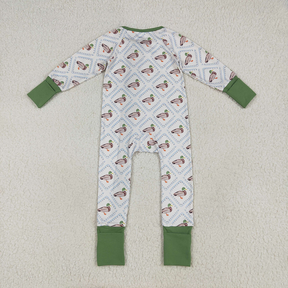 LR2269 baby boys green mallard ducks footie zip rompers