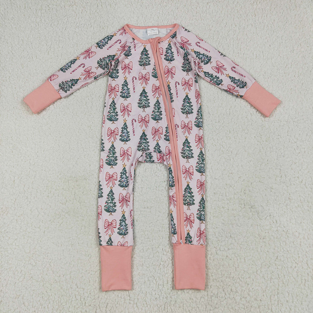 LR2283 baby girls pink Christmas trees footie zip rompers