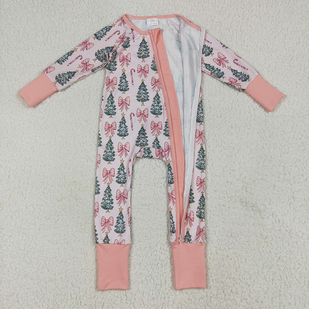 LR2283 baby girls pink Christmas trees footie zip rompers