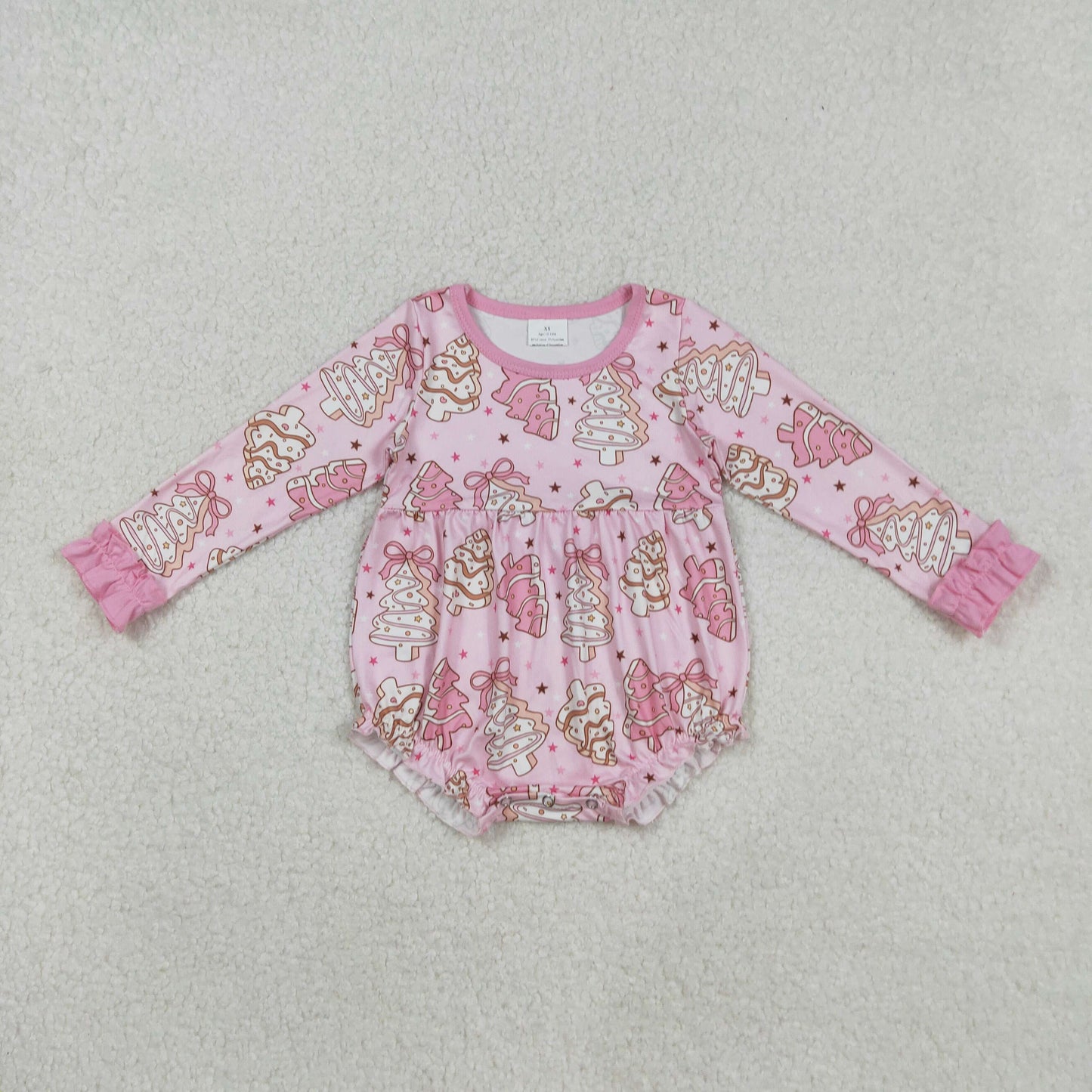 LR2301 Baby Girls Long Sleeve Pink Stripe Trees Stars Christmas Ruffle Rompers