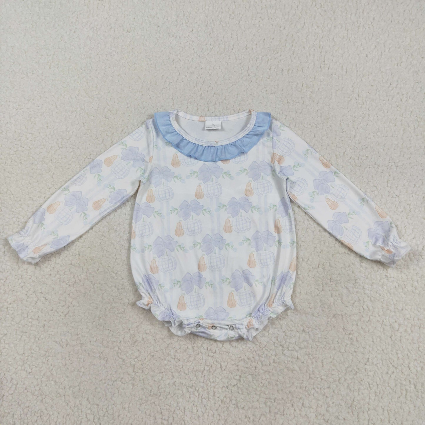 LR2312 Baby Girls Long Sleeve Blue Bows Pumpkins Fall Ruffle Collar Rompers