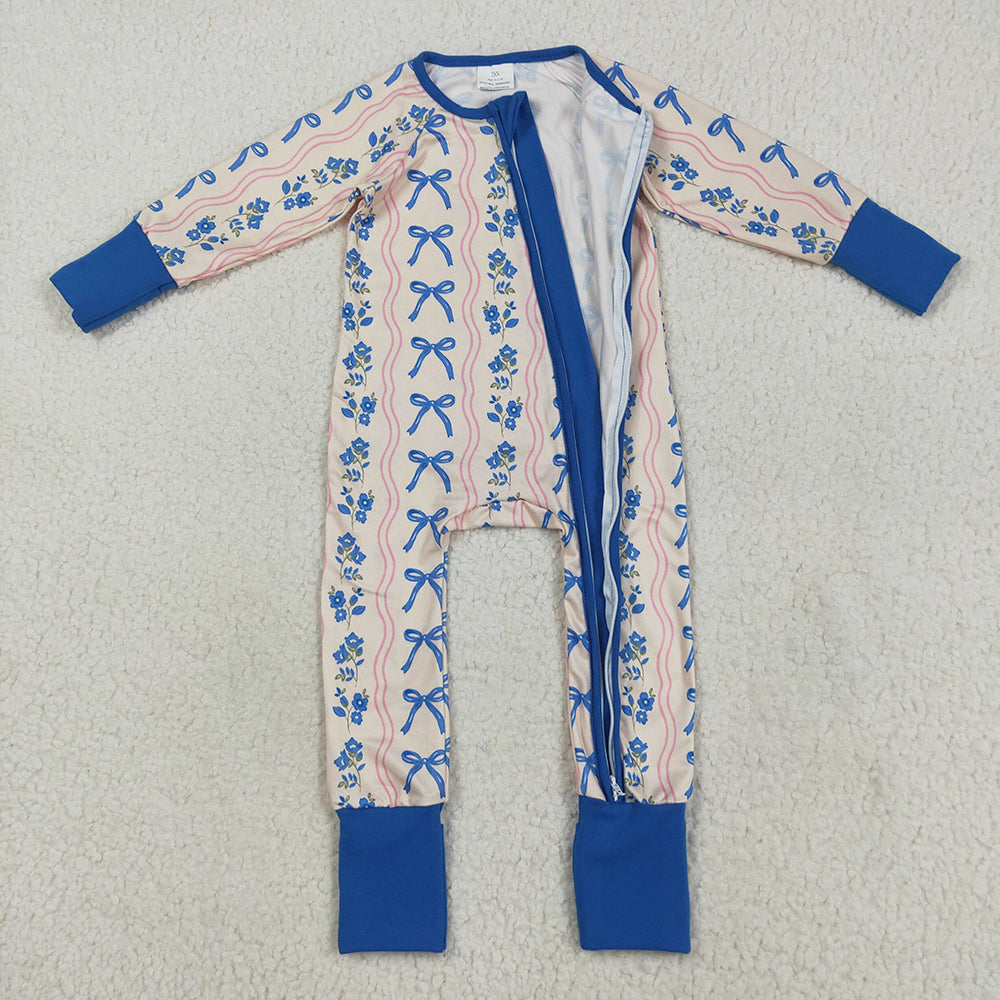 LR2327 baby girls pink blue bows footie zip rompers