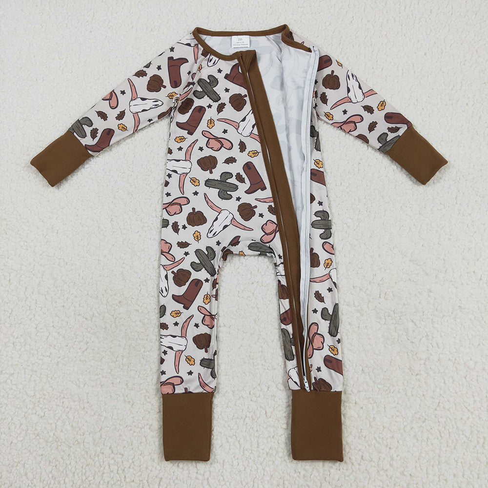 LR2334 baby boys western cow boots footie zip rompers
