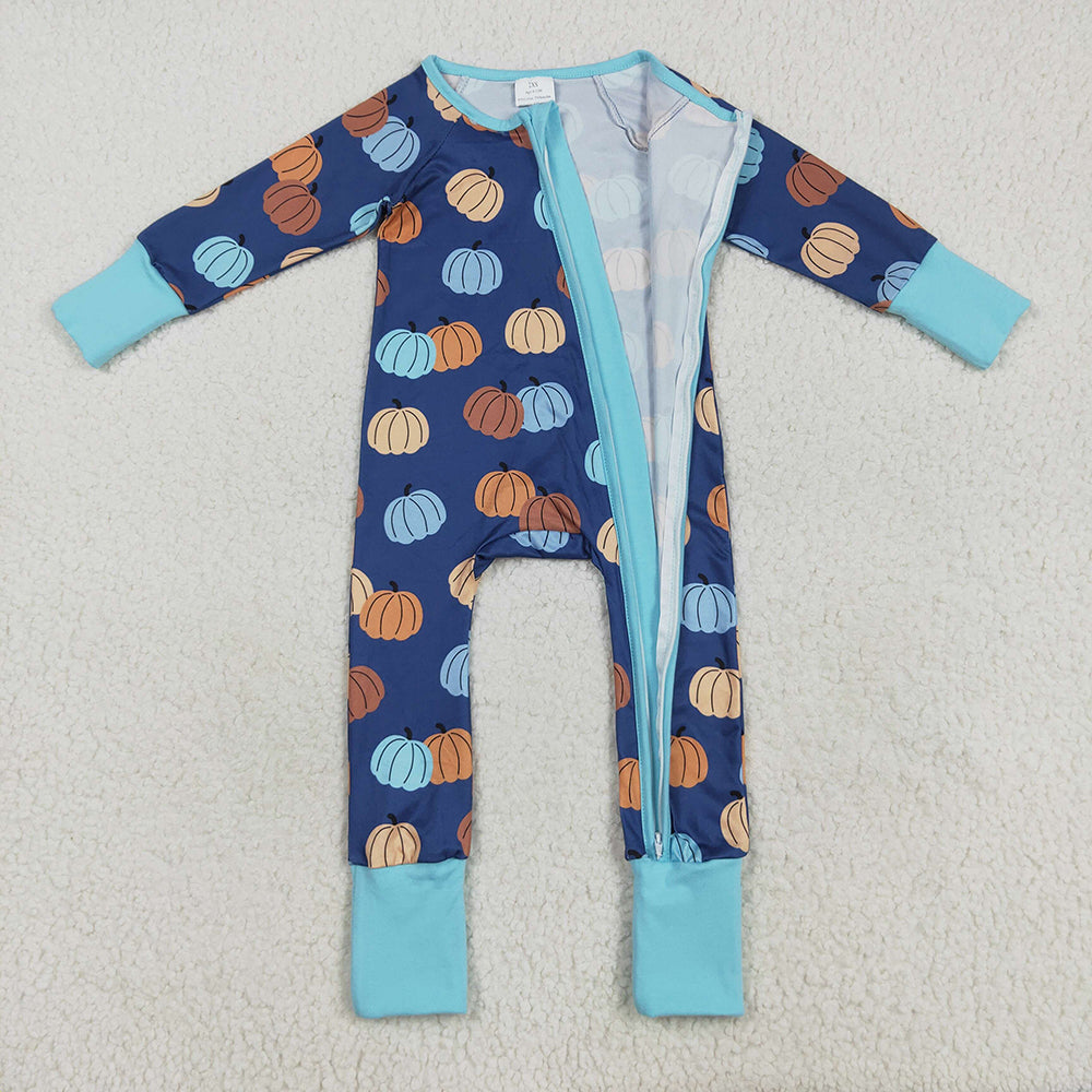 LR2364 baby boys fall pumpkins footie zip rompers