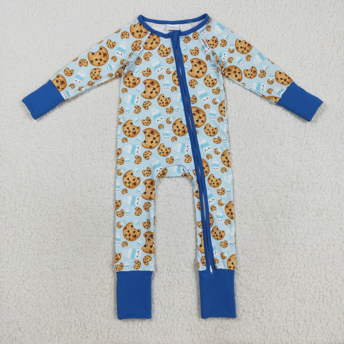 LR2397 Baby Boys Blue Milks Cookies Christmas Zipper Footed Rompers