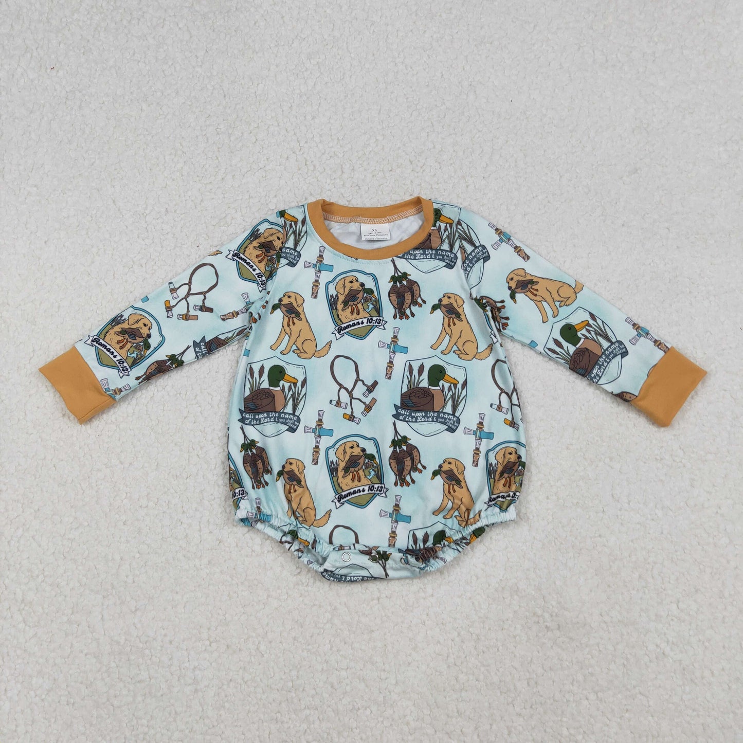 LR2439 Baby Boys Long Sleeve Dogs Ducks Calls Hunting Rompers