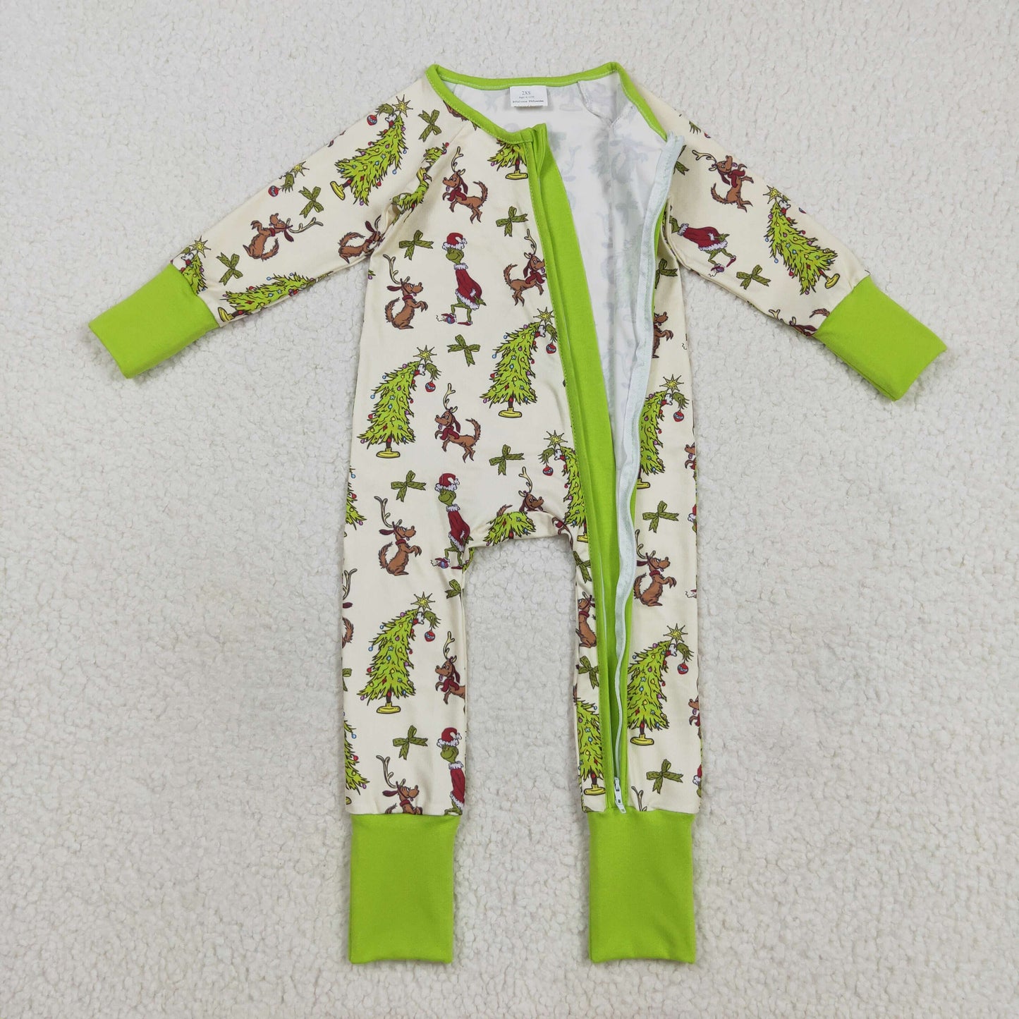 LR2481 Baby Boys Green Bows Trees Grin Christmas Zipper Footed Rompers