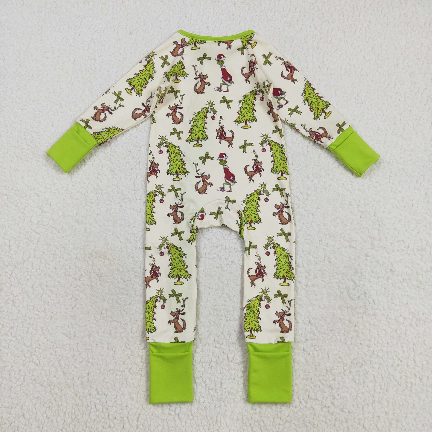 LR2481 Baby Boys Green Bows Trees Grin Christmas Zipper Footed Rompers