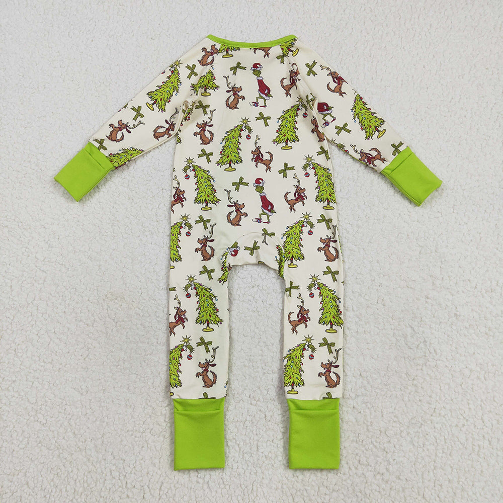 Sibling Baby Kids Green Face Christmas Trees Pajams Sets Zipper Footie Rompers