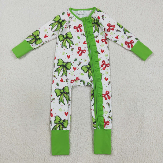 LR2482 Baby Girls Green Red Bows Candy Cane Christmas Ruffle Zipper Footed Rompers