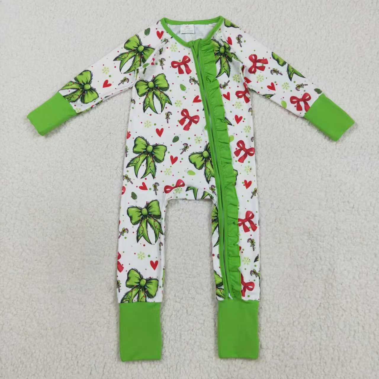 Sibling Baby Girls Christmas Green Red Bows Hearts Rompers Pajamas Sets