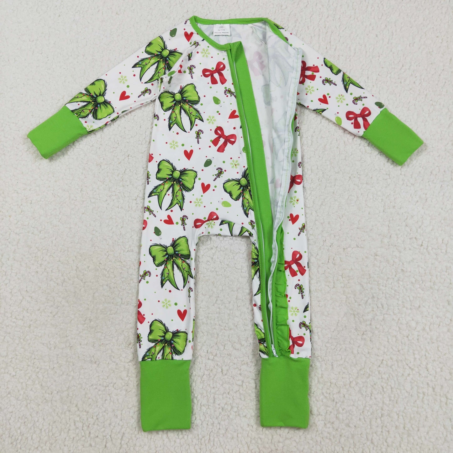 LR2482 Baby Girls Green Red Bows Candy Cane Christmas Ruffle Zipper Footed Rompers
